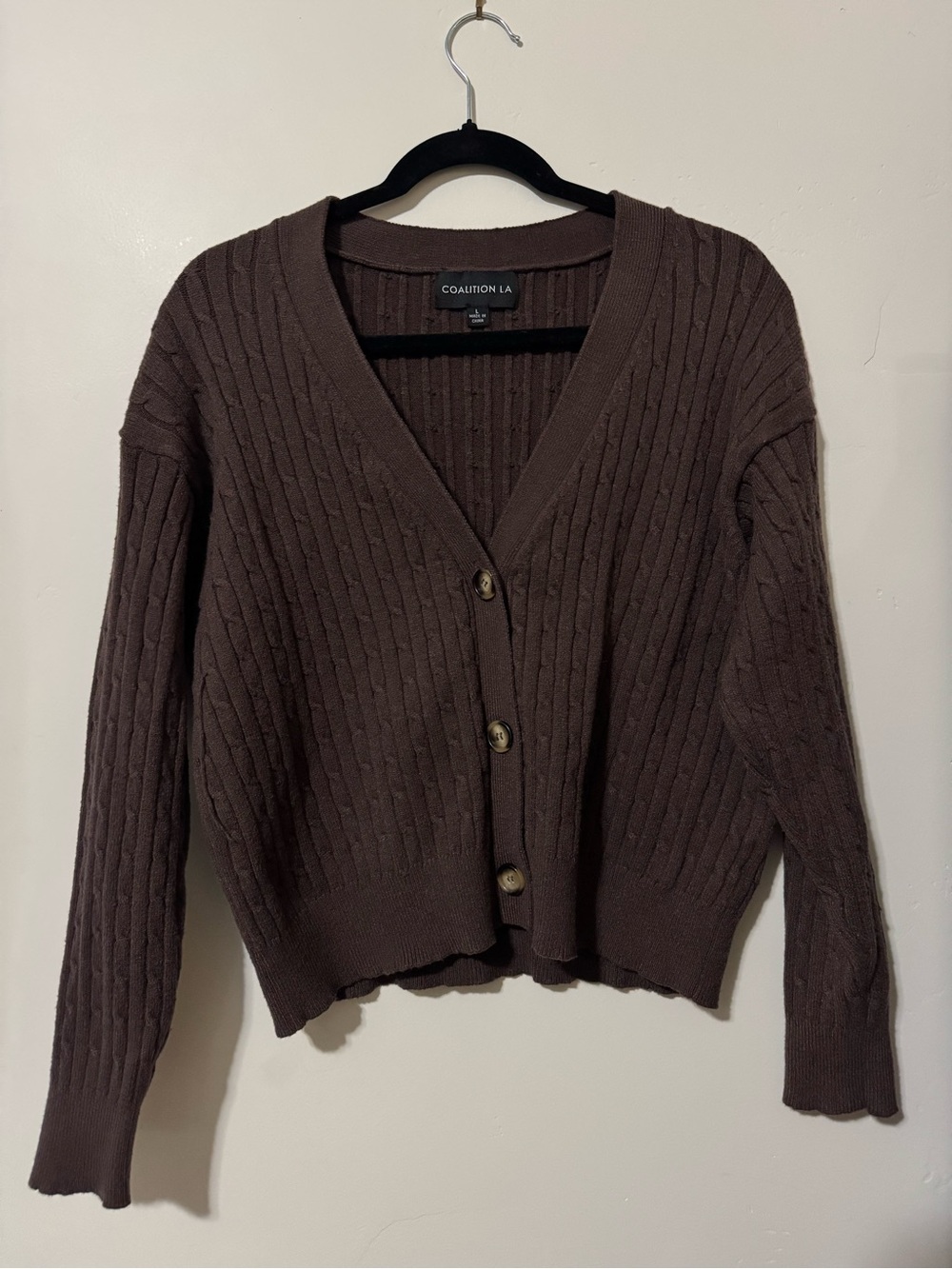Coalition LA Brown Cable-Knit V-Neck Cardigan
